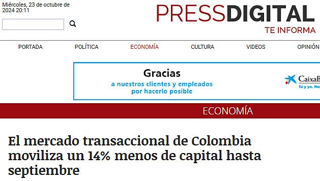 El mercado transaccional de Colombia moviliza un 14% menos de capital hasta septiembre